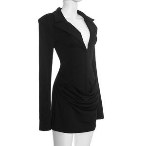 Abito Corto Sexy con Scollo a V e Volant, Blazer con Striscia sul Retro, Vestito da Festa Formale, Giacca da Ufficio per Donna - Product Image 6