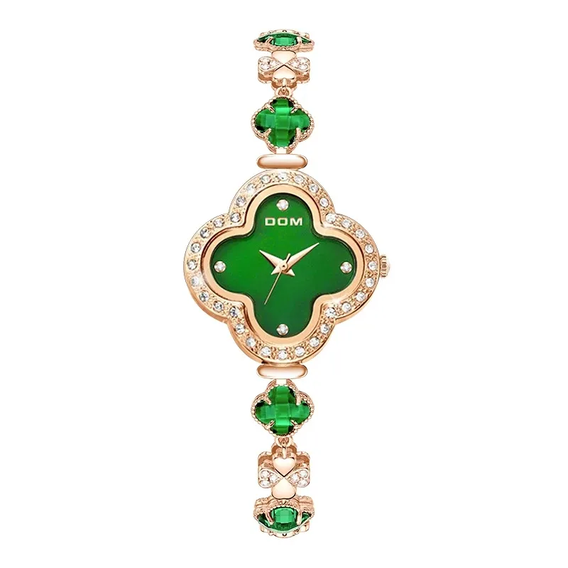 DOM New Fashion Women Retro Luxury Green dial Wrist Watch Four-leaf Clover simple trend waterproof women watch