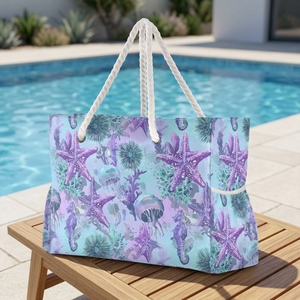 Summer Bohemian Style Women's Tote Purple Starfish Jellyfish Print Custom Logo Nylon Large <b>Beach</b> Tote <b>Bag</b> with Rope Handles - Product Image 6