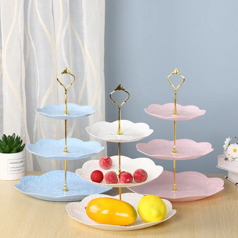 Wit/Goud/Roze/Skyblue 3 Tier Cupcake Stand Plastic Gelaagde Serveerschaal Desserttoren Voor Feestbruiloft