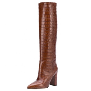 Bottes hautes pour femmes, taille 45, multicolores, à talons épais, en cuir de serpent, à bout pointu, longues, jusqu'au-dessus du genou - Product Image 6