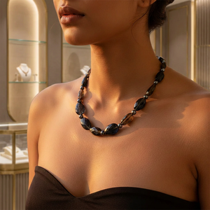 Women's Vintage Gold-Plated Black Onyx & Pearl Beaded Necklace Trendy Religious Wedding Gemstone Jewelry with Diamond Main Stone - Product Image 3