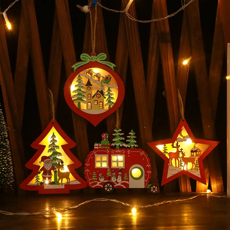 Großhandel leuchtende LED-Licht Anhänger Weihnachts baum Ornamente für Baum Dekor Kinder Geschenk Holz Handwerk Lampe