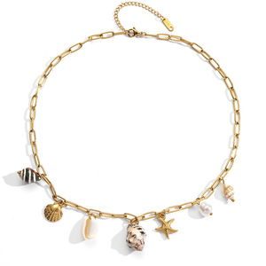 Collier en acier inoxydable plaqué or PVD 18K océan Collier tendance coeur coquille céramique corail étoile de mer conque escargot de mer poisson perle coquille - Product Image 5