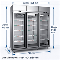 Vitrine réfrigérée commerciale verticale à 3 portes vitrées D303, porte antibuée, éclairage LED, en acier inoxydable,