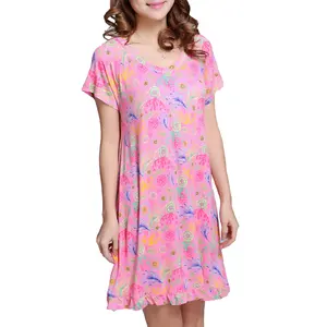 Dresses — robe de nuit en bambou pour femmes, t-shirt imprimé Floral éclairage de nuit, robe une pièce