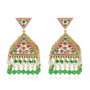 LUOTEEMI Trendy Big Baumeln Indischen Gold Plat Ohrringe für Frauen Festival EIN AA CZ Gold Farbe Schmuck