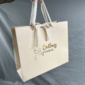 Custom Nude Peach Paper Gift Bags Gold Foil Hot Stamping Logo With Satin <b>Ribbon</b> Bow Handle Clothing <b>Wedding</b> Packaging - Product Image 2