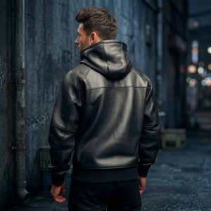 Veste à capuche en cuir PU noir pour homme, style motard, fermeture éclair, coupe classique, pour l'automne - Product Image 4