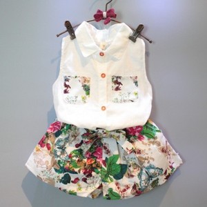 Online Shopping India Children Cotton Sleeveless Lapel T-shirt and Full Printing Casual Summer Lounge <b>Pants</b> Suit for Girls - Product Image 1