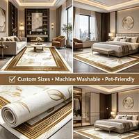 Tapis de luxe personnalisable en peluche douce, motif clé grecque et lys dorés, pour salon et chambre à coucher