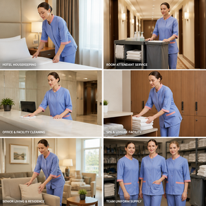 Set Uniforme per Personale di Pulizia, Tunica per Cameriere di Hotel, Manica 3/4 con Finiture <span class=keywords><strong>a</strong></span> Contrasto, Abbigliamento da Lavoro per Addetti alle Pulizie, Logo Personalizzabile - Product Image 3