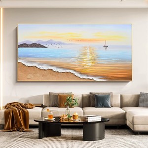 Pintura al óleo pintada a mano, paisaje marino costero en 3D con marco de metal, arte para sala de estar, decoración de paisaje horizontal - Product Image 1
