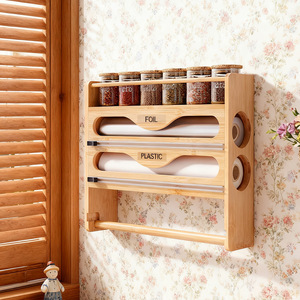 Bamboo Wall Storage <b>Rack</b> With Spice Jars Foil <b>Plastic</b> Holder Punch Free Installation For Kitchen - Product Image 1