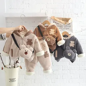 חורף כותנה מזדמנים חורף 1-5y O-הצוואר בגדים סטים 3 יח 'בגדי בגדים העליון + מכנסיים + תיק - Product Image 1