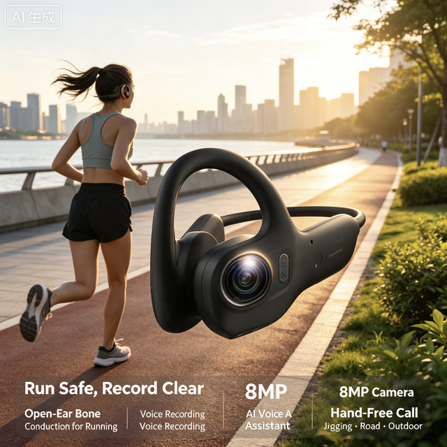 Open Ear Bone Conduction Headphones with 8MP Camera Wireless Bluetooth Sport Earbuds AI Voice Assistant Noise Reduction 3 Mic