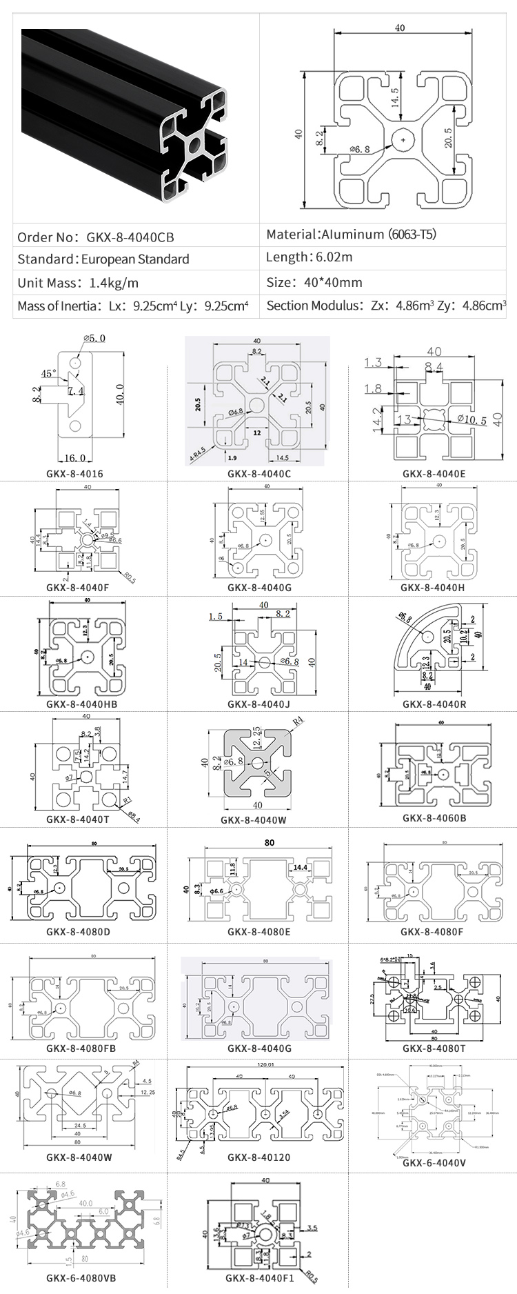 Factory manufactured 4040 t slot black anodized extruded aluminium profile 40X40 for industrial use