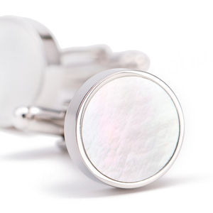 Boutons de manchette de luxe de haute qualité très vendus, boutons de manchette ronds en cuivre argenté avec nacre blanche pour hommes - Product Image 5