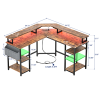 Moderne draagbare gaming pc-tafel, L-vormig, metalen computertafel met stopcontacten, LED-strip, boekenplank, opbergruimte, ruimtebesparend voor thuiskantoor