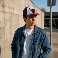 Topi Snapback Gaya Hip Hop Street Style, Bahan Twill, Pinggiran Datar, Bordir Kepala Banteng, Bagian Belakang Berjaring, 7 Lubang, Tali Plastik yang Dapat Disesuaikan