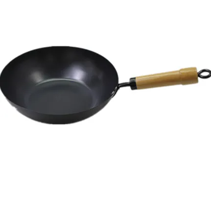 Wholesale Chinese Kitchen cooking Wooden handle Carbon Steel Wok With Wooden Handle non stick Wok