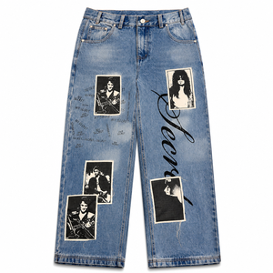 OEM High Waist Breathable Distressed Graphic Patch <b>Men</b> <b>Jeans</b> Light Wash Vintage Printed Denim <b>Trousers</b> for Brand Wholesale ODM - Product Image 1