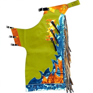 Chaps en cuir pour hommes, vert, orange, bleu, avec franges et boucle de fermeture, vêtements d'équitation - Product Image 1