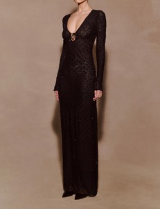 فستان سهرة نسائي مثير من الشبك الشفاف مزين بالأحجار الكريمة حسب الطلب بنقشة البولكا دوت وياقة على شكل V عميقة وأكمام طويلة - Product Image 6