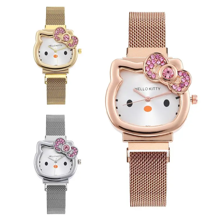 Relógio infantil de pulso, relógio de quartzo da moda dos desenhos animados da hello kitty, pulseira de relógios com fecho de ímã, cinta de fivela, relógio de pulso para crianças