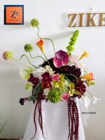 Arrangement floral artificiel fait main en soie mélangée bordeaux, Anthurium de luxe au toucher réel, décoration de centre de table de mariage