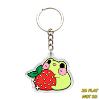 Porte-clés en acrylique grenouille verte mignonne câlinant une fraise, design animal et fruit, bord transparent, chaîne à anneau métallique, accessoire amusant sur le thème des collations