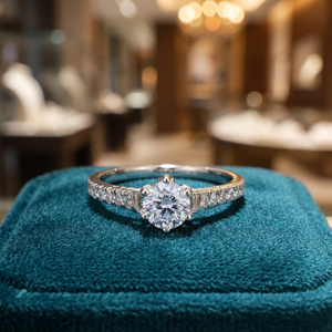 Bague solitaire classique en or blanc 14 carats plaqué rhodium avec diamant naturel et diamants pavés, bande élégante, pour femme, idéale pour les soirées - Product Image 1