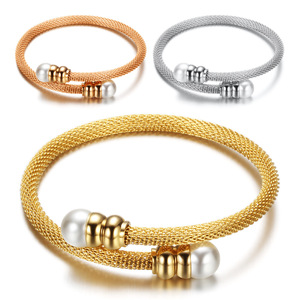 Women's Elastic <b>Bracelet</b> 4Mm Imitation Pearl Titanium Steel Three Color Fashion Jewelry Gift - Product Image 1