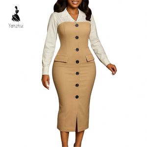 <span class=keywords><strong>Robes</strong></span> de <span class=keywords><strong>carrière</strong></span> d'automne à manches longues, col tailleur, couleur contrastée, robe crayon pour femme de bureau - Product Image 5