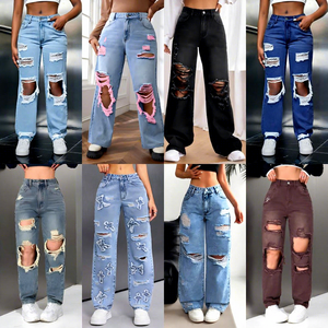 Jeans da <span class=keywords><strong>Donna</strong></span> a <span class=keywords><strong>Vita</strong></span> <span class=keywords><strong>Alta</strong></span>, Gamba Dritta, Vestibilità Ampia, Strappati, Multicolore, in Denim Elasticizzato Effetto Usurato, Stile Y2K Streetwear - Product Image 1
