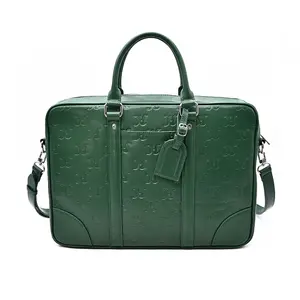 Custom Full Embossed Logo Men Office Laptop Bags Green Pu Faux Vegan Leather Briefcases For Lawyer