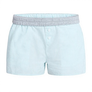 Shorts Oxford rayés bleu clair pour femme, taille haute, fermeture boutonnée, décontracté, respirant, coupe régulière - Product Image 1