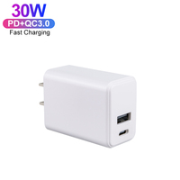 Chargeur mural GaN 30W 2 USB & Type C Bloc de charge rapide 2 ports Adaptateur de prise USB C PD + QC Prise US/EU pour téléphone portable