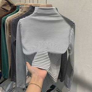 Women Long Sleeve High Neck Striped Thermal Top Autumn Winter Inner Layer Warm T-Shirt - Product Image 3