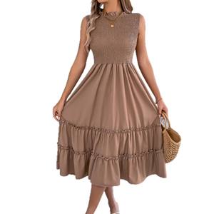 เดรสลำลองสีพื้นแบบมีดีไซน์รัดเอว ระบายอากาศได้ดี แต่งขอบสีดำ แขนกุด คอวี ทรงเข้ารูป  คอลเลคชั่นฤดูใบไม้ผลิ/ฤดูร้อน ปี 2026 - Product Image 6