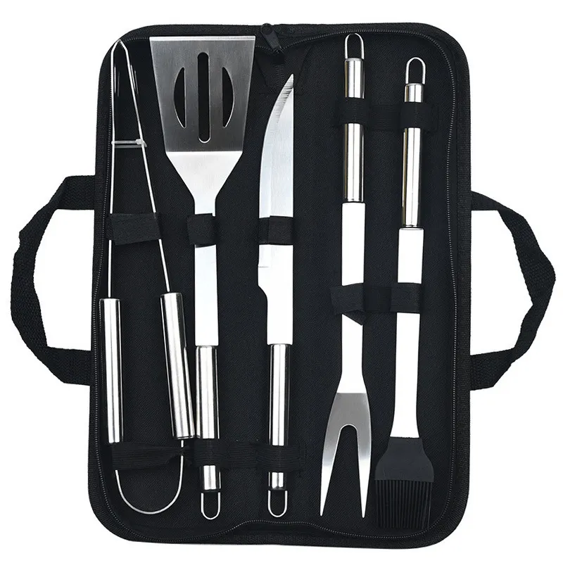 Accessoires de barbecue en acier inoxydable avec étui portable, spatule, pinces et couteaux à viande et brosse à fourchette