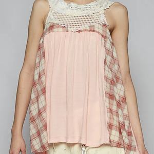 Blusa Bohemia de Rayón en Oferta, con Cuello de Encaje y Detalle de Panel a Cuadros, Top sin Mangas para Mujer - Product Image 3