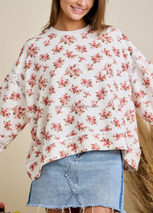 Sweat-shirt pour femme en gros, pull à col rond, imprimé floral vintage, avec insert en dentelle, manches bouffantes - Product Image 5