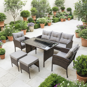 Ensemble de salle à manger moderne en rotin pour l'extérieur, comprenant trois chaises, deux repose-pieds et une table, avec un ensemble de chaises-canapés - Product Image 4