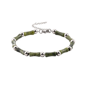 Fashionable Men's Stainless Steel Dark Green Jade Bamboo Joint <b>Beaded</b> <b>Bracelet</b> Geometric Design For Casual Wear - Product Image 5
