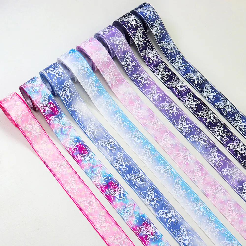 Factory Customized Butterfly Ink Print Polyester Satin Gift Fabric Ribbon