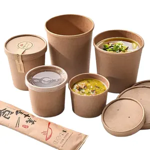 Mangkuk Sup dan Salad Kustom Pengiriman Restoran Mangkuk Sup Ramah Lingkungan Wadah Cangkir Makanan dengan Tutup Kertas