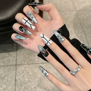 Faux ongles à presser style Punk Gothique, extra longs, <span class=keywords><strong>avec</strong></span> <span class=keywords><strong>strass</strong></span> noirs, faits main haut de gamme, au design élégant et original, blancs, de niche - Product Image 5