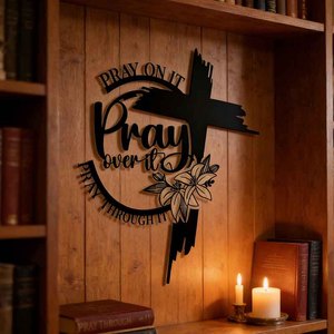 Decorazione da <span class=keywords><strong>parete</strong></span> in metallo con croce in stile Art Déco personalizzata 'Pray on IT Pray Over IT Pray Through IT' - Arte della fede cristiana per la casa e la chiesa - Product Image 5