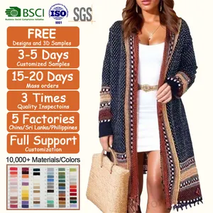 Benutzer definierte Kleidung Hersteller Bohemian Cardigan Custom ize Strick Damen Pullover Kleid Aztec Tribal Fringe Coat Übergroße Strickjacke